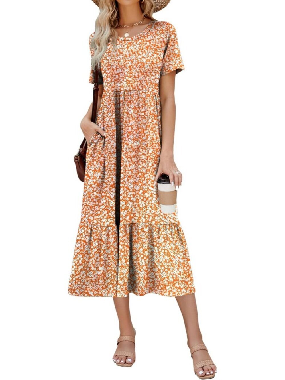 Women's Print Orange Sundress Short Sleeve Tiered Beach with Pockets Maxi Dress